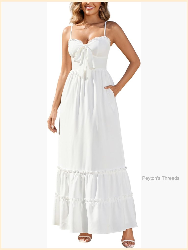 Smocked Floral Maxi Dress Spaghetti Strap Tiered Ruffled Boho With Pockets